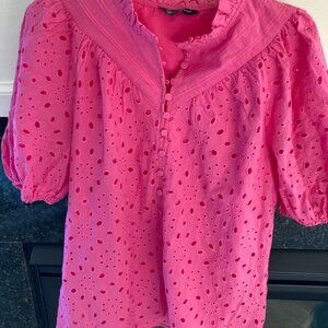 Pretty Garden Women's Top Pink Fuchsia Eyelet Puff S/S Ruffle Neck Button Size S